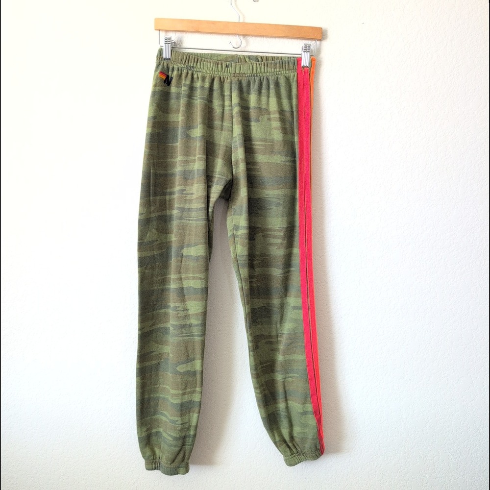 Aviator Nation Camo Rainbow Stripe Jogger Sweatpants Green Women M FLAWS - Picture 1 of 8